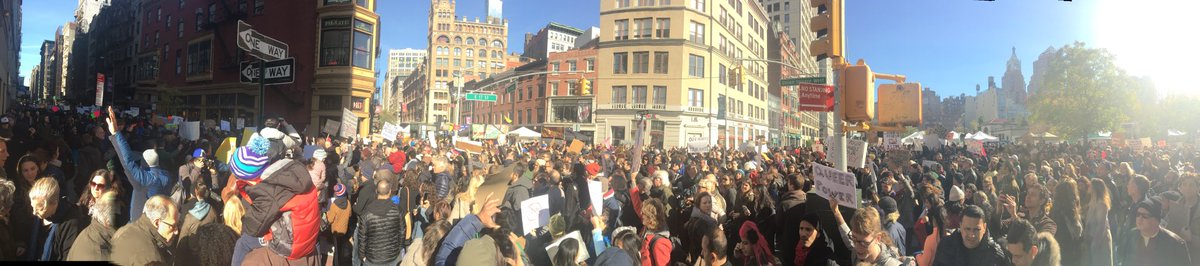 Panorama: NYC #NotMyPresident demo stretches around Union Square and onward for blocks in all directions.