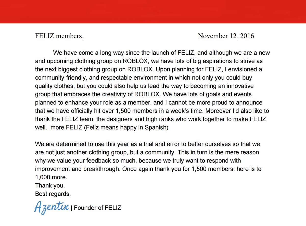 AzentixRoblox's tweet image. A little letter from me on behalf of the entire @FELIZ_Roblox team.
We are so proud of our progress and your support.❤️
Happy 1.5k members!🎉
