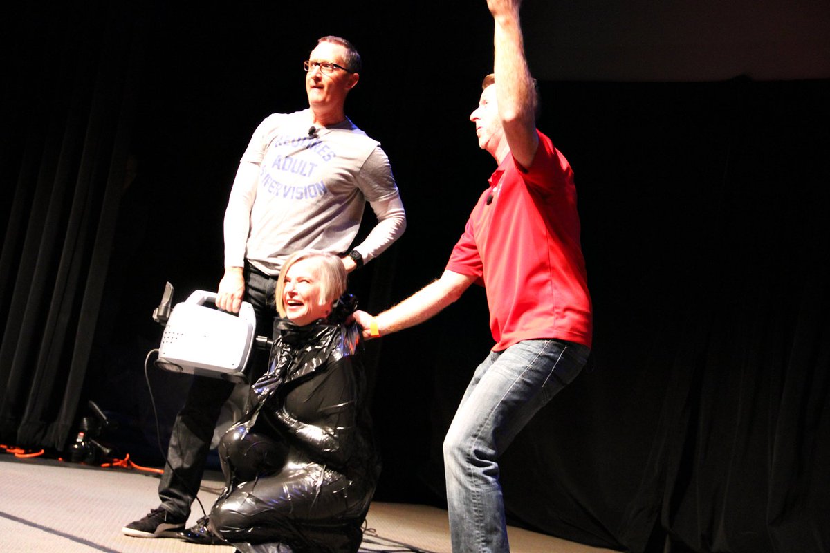 sciencemuseummn's tweet photo. Fun with our president at Girls, Science, & Technology! @ian_leonard and @MyFOX9 shrink-wrap @AlisonBrownSMM during Weather 101. #Fox9GST https://t.co/jAd1goN5Gy