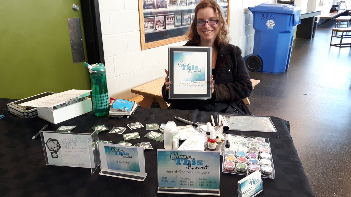 jimconwpg's tweet photo. #Glitter this Moment is here ready to do #temporary #tattooshop at #JimCon6 for only $5! She's right beside the wall of fame! #winnipeg https://t.co/RhyVWn5o6K