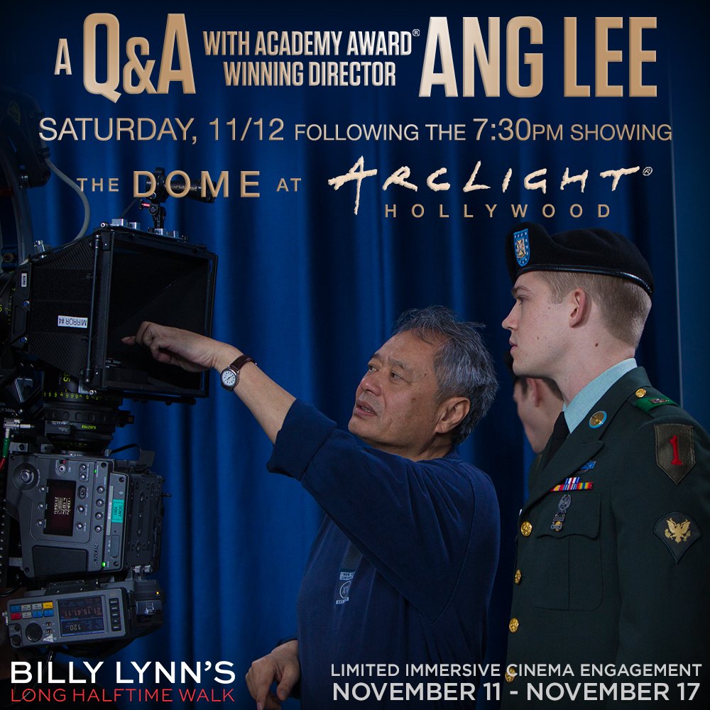billylynnmovie's tweet photo. #BillyLynn director Ang Lee will be doing a Q&amp;A after the 7:30 PM showing TONIGHT at ArcLight Cinemas Hollywood. https://t.co/BW09A43AjE https://t.co/VkmSlRWxdO