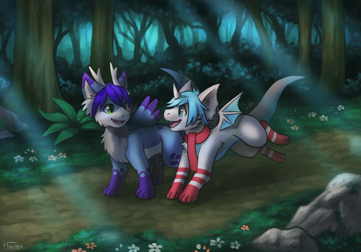 Eeveelution-inspired feral versions of <a href="/KerubiaDragon/">Kerubia Dragon</a> and me by the amazing artist <a href="/HaychelDA/">Haychel ʕ •ᴥ•ʔ</a>! Aren't they adorable? :3