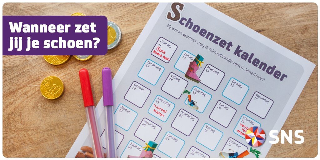 SNSBankOss's tweet photo. De Sint is er dus er mogen schoentjes gezet worden. Maar wanneer? Vul de Schoenzetkalender in: https://t.co/wjQAx5IOAm… @AangenaamHeesch https://t.co/YlbngZG1do