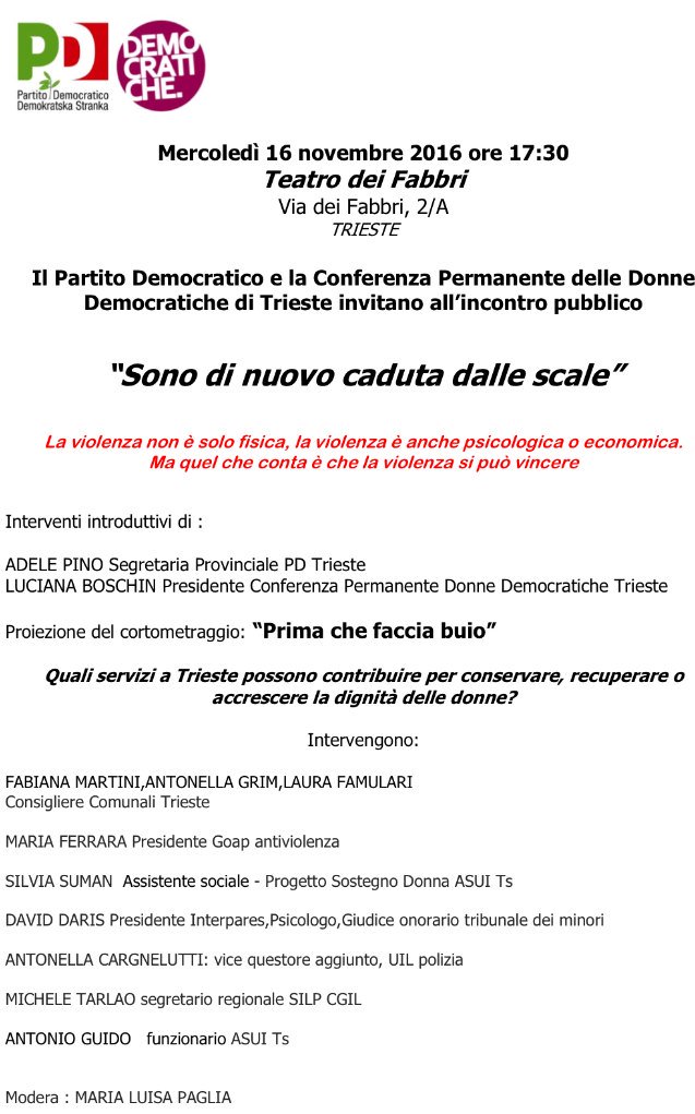 PDTrieste's tweet photo. "Sono di nuovo caduta dalle scale" per dire no alla violenza contro le donne. Mercoledì 16 17.30 @ Teatro dei Fabbri https://t.co/mCtbOCwgoo