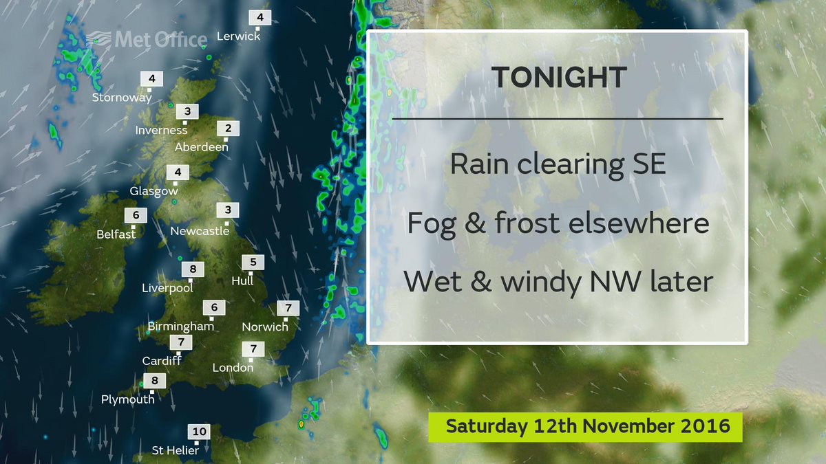 metoffice's tweet photo. Hi everyone, rain will linger in the SE tonight. Elsewhere, it'll be dry, cold &amp; largely clear: https://t.co/a70feA0Qeq Enjoy the weekend :) https://t.co/QchWe9fdek