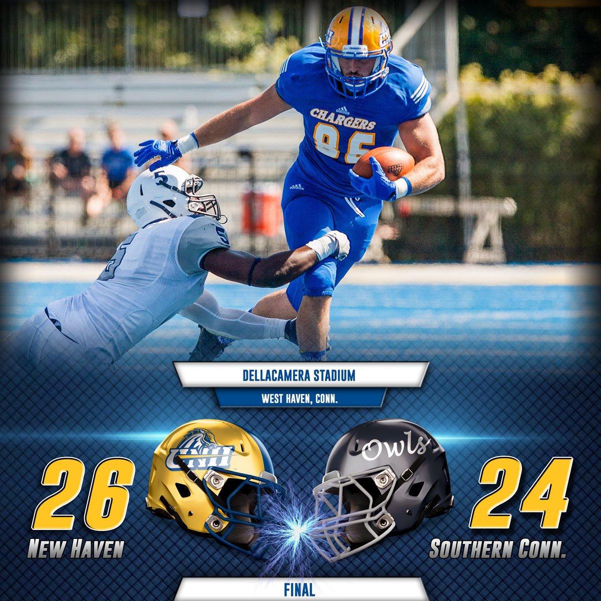 UNewHavenATH's tweet photo. FINAL SCORE: @NewHavenNation 26, SCSU 24. Jesse Tate is the #ChargerNation Player of the Game with 3 catches for 29 yds 2 TD's #GetChargedUp https://t.co/xlcDEhYDTD
