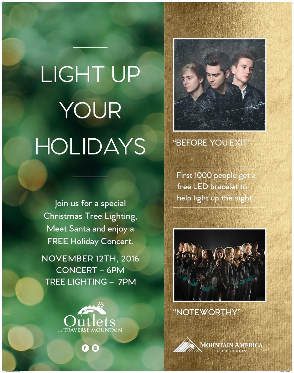 beforeyouexit's tweet photo. Utah, we're playing an acoustic set today at Outlets at Traverse Mountain in Lehi for their 5th Annual Tree Lighting. Hope to see you there🙂 https://t.co/uzo06TEcOW