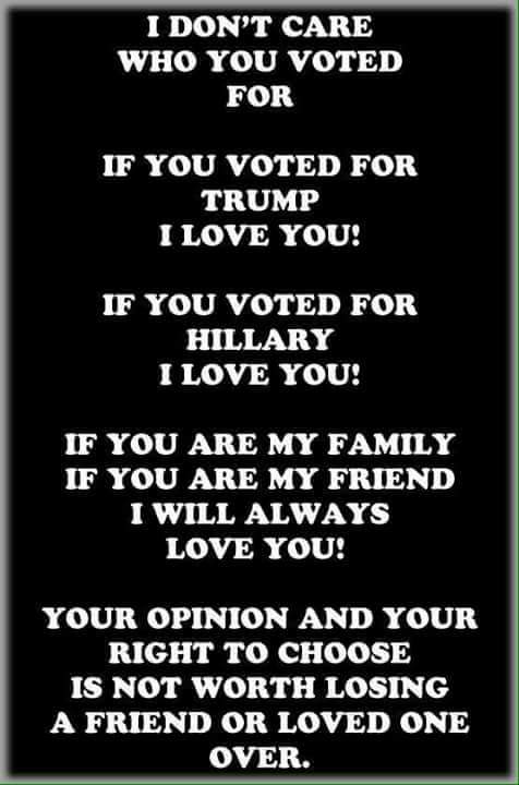ChristyJ4200's tweet photo. Agree to disagree because this is nothing to lose family or friends over unless you ALLOW it! #liberals #GrowUp #TrumpPresident https://t.co/weY1FYtEcD