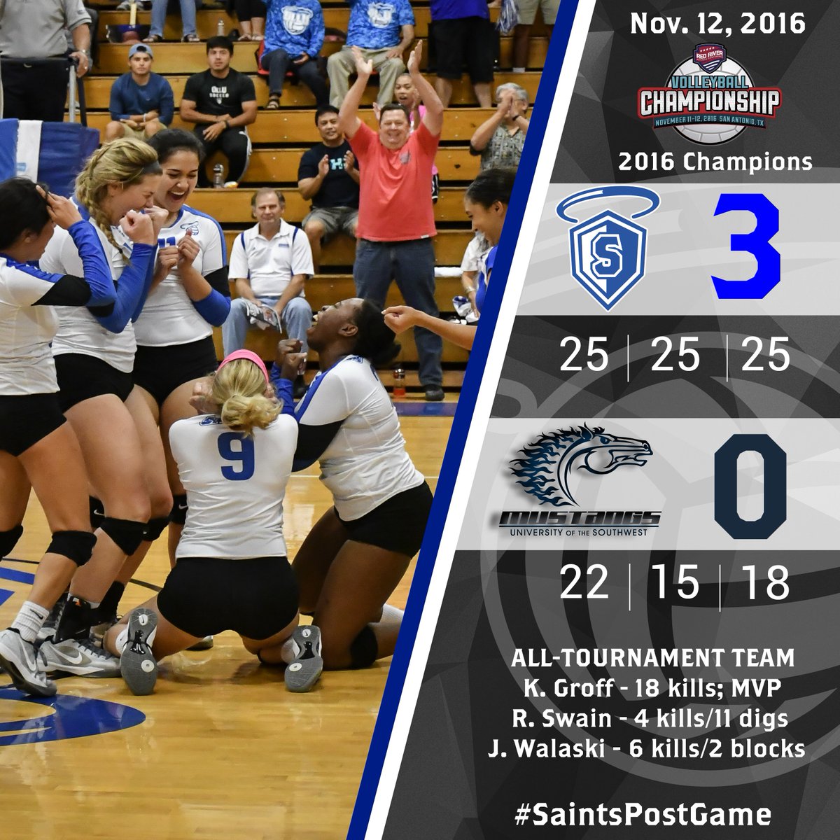 OLLUSaints's tweet photo. #SaintsPostGame: #OLLUVolleyball has won its second @RRACsports tournament title. Congrats to @USWVolleyball for a terrific match! https://t.co/wG6SU7eI0H