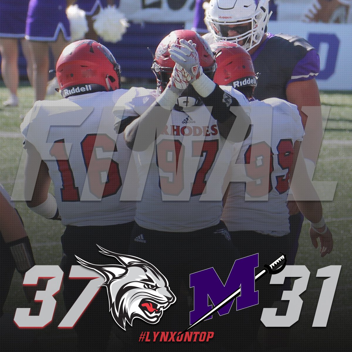 RhodesAthletics's tweet photo. #LynxWin! The @RhodesFootball defense forces 4 turnovers to go with 4 sacks as Rhodes wins a double OT thriller over Millsaps! #LynxOnTop https://t.co/O43rCfjoay