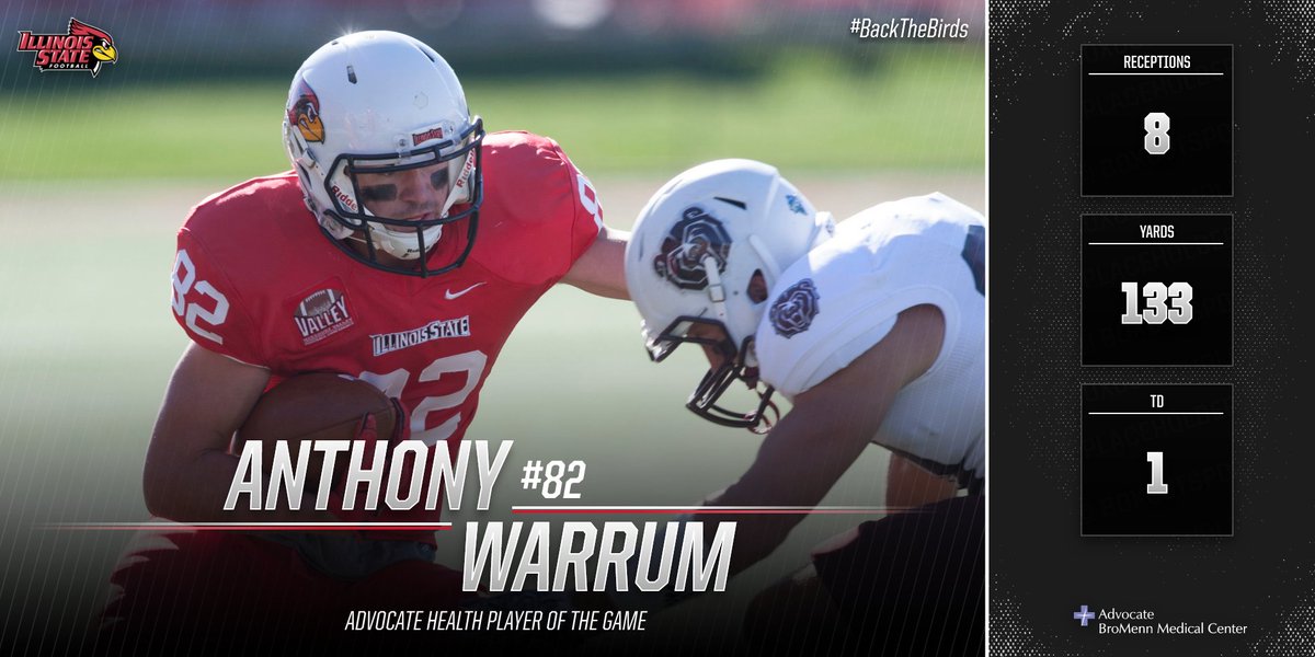 RedbirdFB's tweet image. Your @advocatehealth player of the game is @Anthony_Warrum who tallied his 4⃣ 100-yard receiving game of the season and 9⃣ TD of the season.