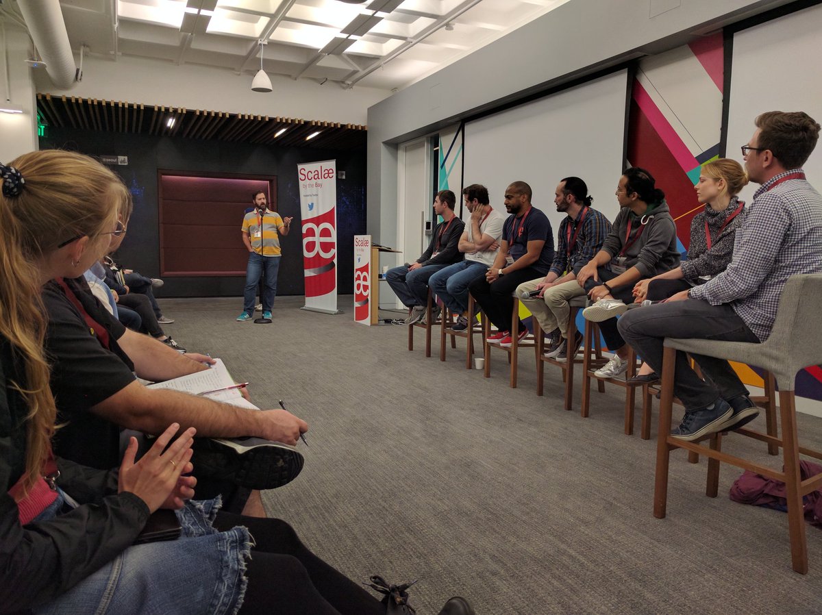 sasa's tweet photo. Our CSL team answering engaging questions from the OSS community about #Finagle and #Finatra at #scalae. https://t.co/CwU3YLl7qf