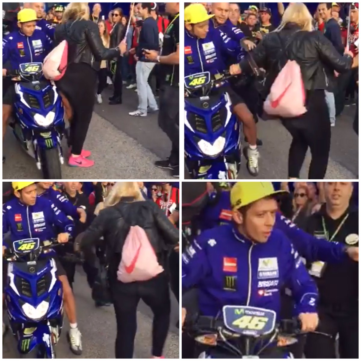 MotoGP Valencia Valentino Rossi vizietto calcietto: Video pedata alla signora nel paddock