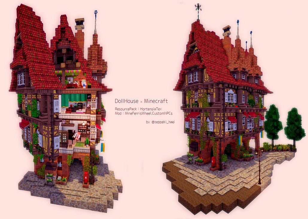 タグに一目惚れしてドールハウスつくってみました。2階から上がパカっと開くイメージ…！
リソパははすっこさんちのオルタンシアTEXお借りしてます。

#マイクラドールハウス #Minecraft建築コミュ
