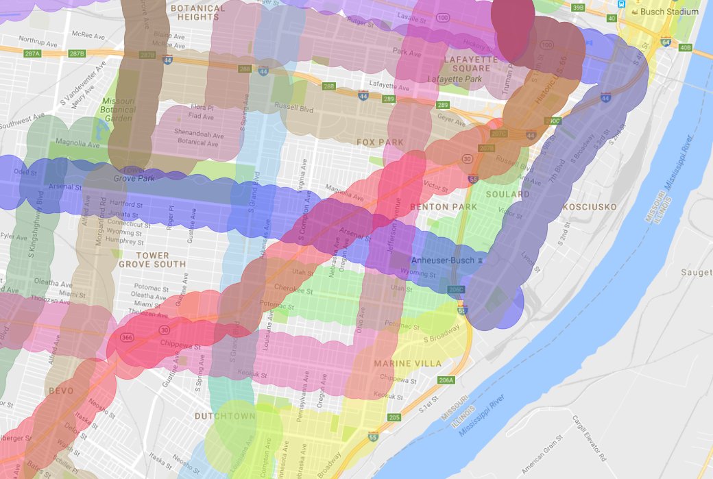 73_Carondelet's tweet photo. My next step of adventures in QGIS,: here's a coverage (300m to a stop) map of transit in South St. Louis City! #stltransit https://t.co/Y3nyhgUxeM