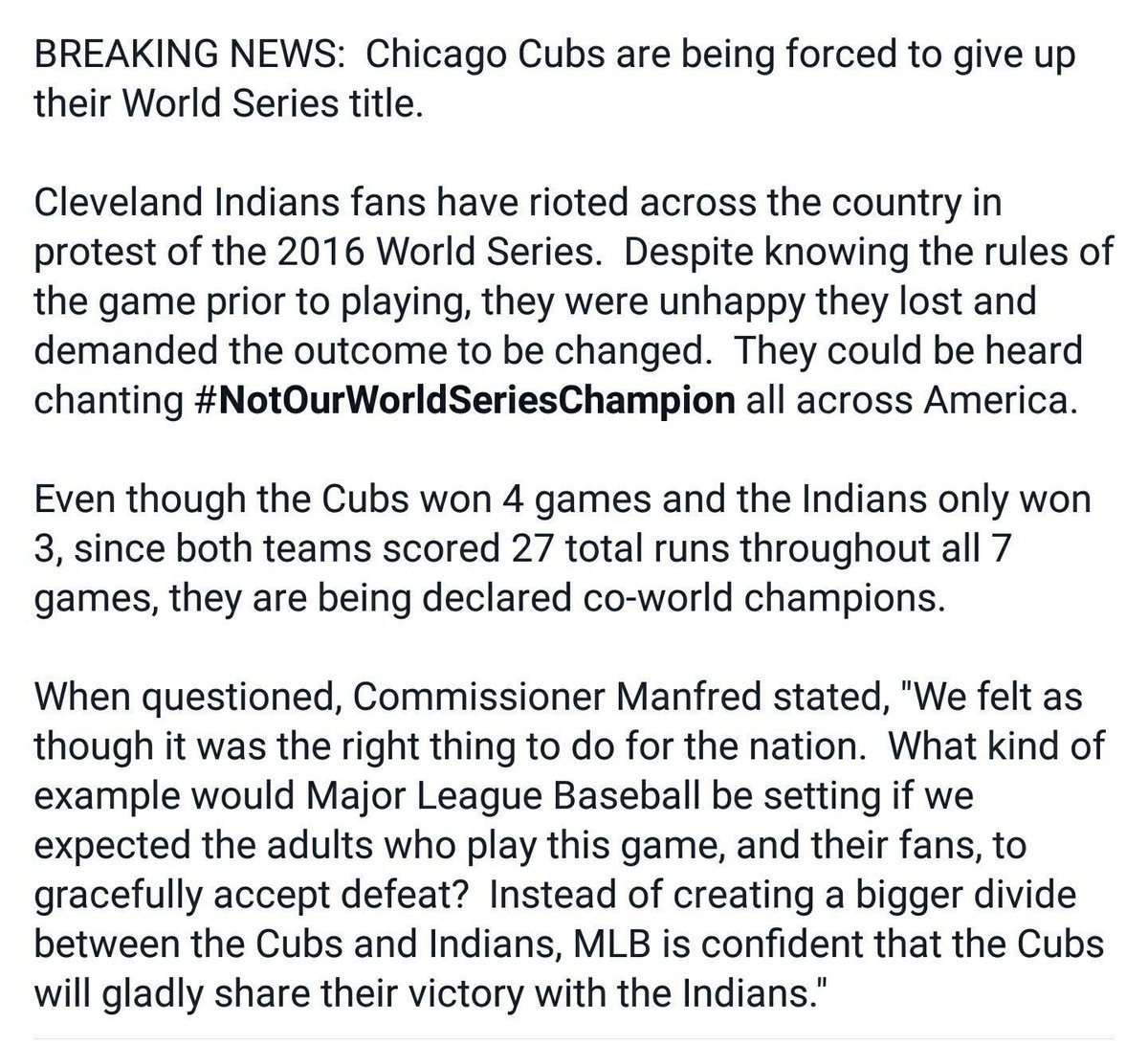 Beelofosho's tweet photo. Breaking News!! The plan works! #SorryCubs https://t.co/bYObBgE568