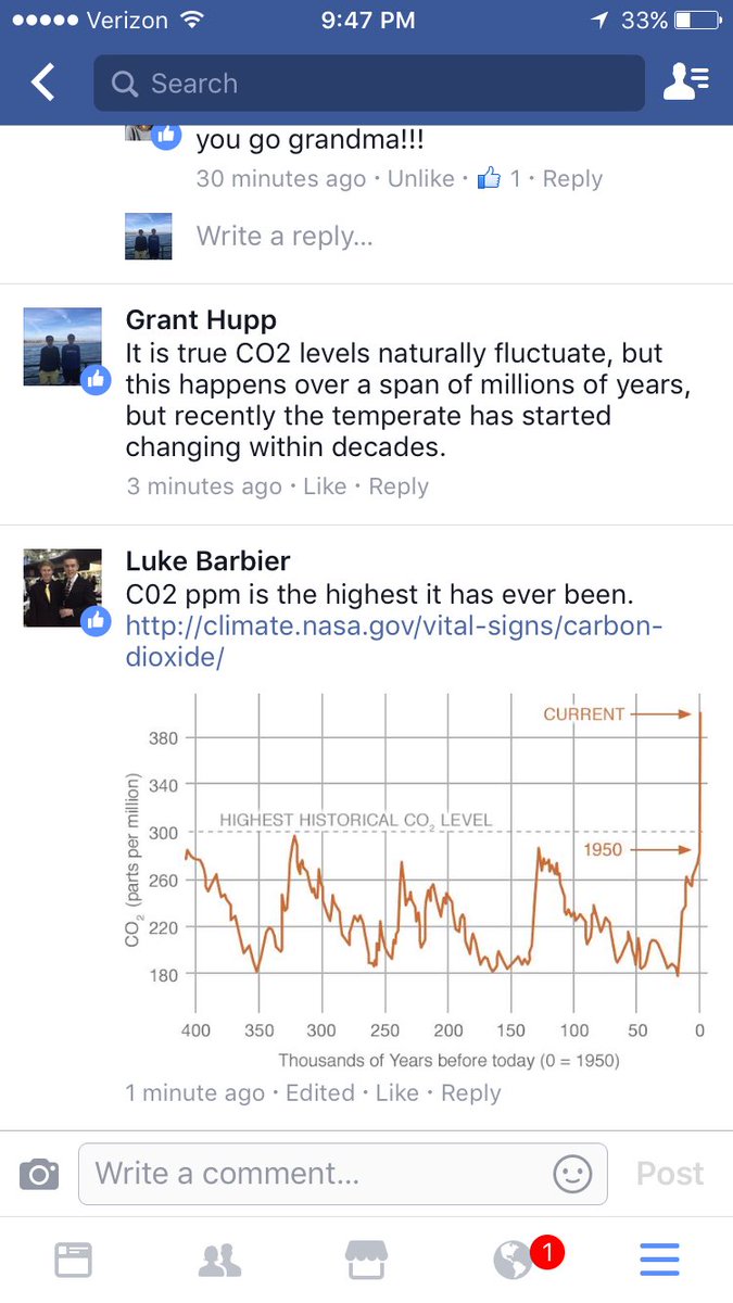 GrantHupp's tweet photo. Attempting Facebook fight with my friends grandma over climate change 💀💀😂😂 https://t.co/2e5VnP0UWh