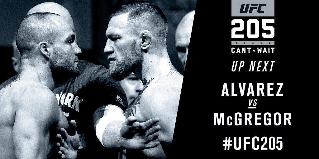 ufc's tweet photo. Champion vs Champion #UFC205
@Ealvarezfight vs @TheNotoriousMMA 
#UFCNYC https://t.co/fpFaObhYM5