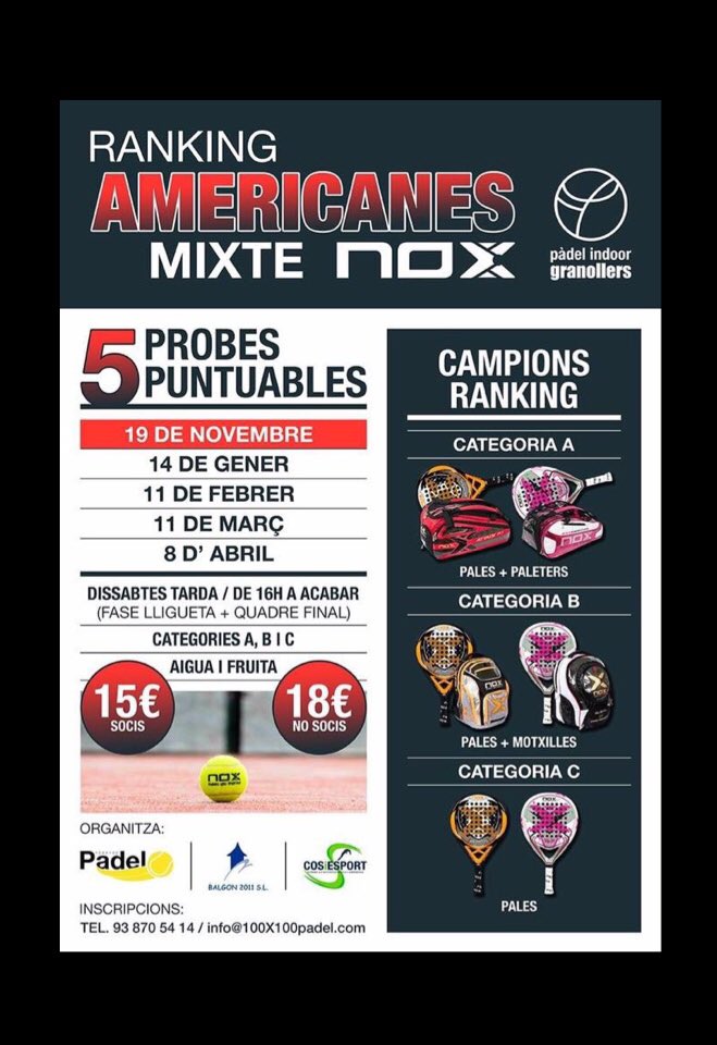 "SÁBADOS DE AMERICANAS Mixtas " 👫
🎾🎾En Padel Indoor Granollers🎾🎾
•Con premios increíbles !! 
No te lo podes perder, te esperamos!!!!