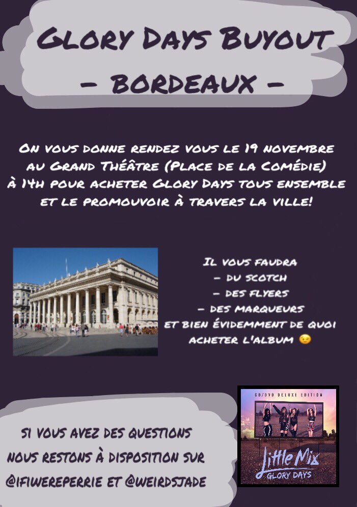 LMPromoFrance's tweet photo. Un Buyout est organisé à Bordeaux le 19 novembre à 14h par @weirdsjade et @ifiwereperrie pour la sortie de Glory Days ! ✨ https://t.co/qApv0GS2Mk