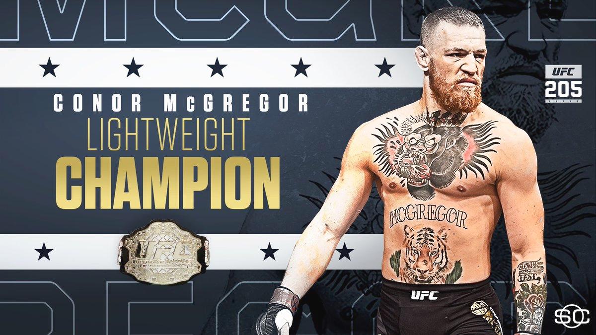 SportsCenter's tweet photo. Conor McGregor becomes the first UFC fighter to hold 2 UFC titles simultaneously. (Lightweight, Featherweight) https://t.co/mBXFmwARyi