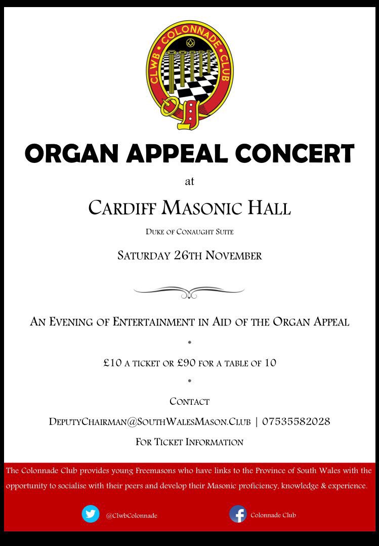 Tickets still available from deputychairman@southwalesmason.club  

<a href="/SProvcomm/">Communications Officer (South Wales)</a> <a href="/OrganCardiff/">Organ Cardiff</a> <a href="/CardiffMasonic/">Cardiff Masonic Hall</a>