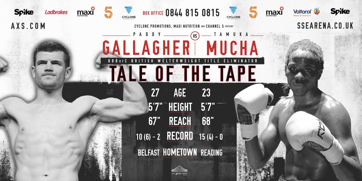 'TALE OF THE TAPE' for <a href="/paddy_gal/">Paddy Gallagher</a> vs <a href="/TamukaMucha/">Tamuka Mucha</a> - British Welterweight Eliminator, November 18 @ssearena #PatMan #TooMuch #GrovesGutknecht