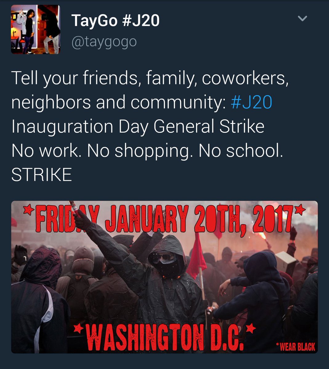 ders3000's tweet photo. Friday January 20, 2017 Inauguration Day ✊👊🚫 Retweet/Spread/Get the word out #J20 #UnitedWeResist #disruptj20 #NotMyPresident #WearBlack https://t.co/zxXDFKhB6N