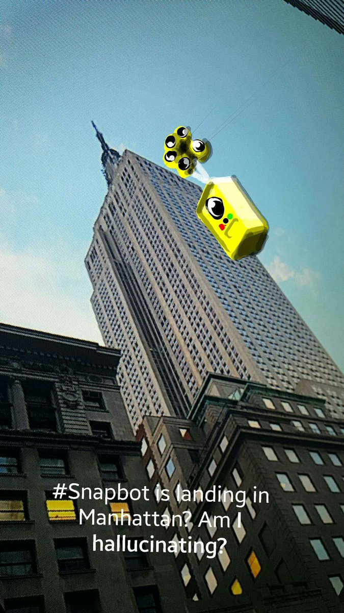 pinot's tweet image. I&apos;m hallucinating @Spectacles&apos; #Snapbot is landing in NYC. Check my Snapchat: Pinotski #snapchatart
