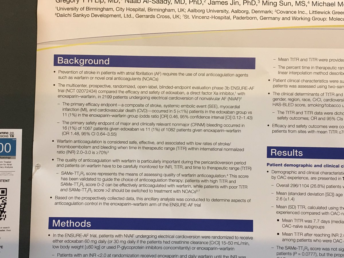 DebbeMcCall's tweet image. #AHA16 #OAC control in warfarin pts undergoing #cardioversion for #afib . ENSURE AF