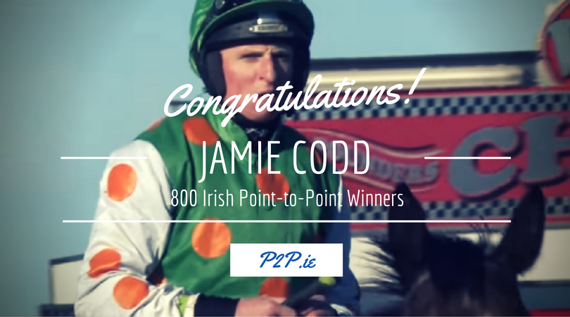 p2p.ie (@irishp2p) on Twitter photo Congratulations to Champion Jockey <a href="/CoddJJ/">Jamie Codd</a> who rode his landmark 800th Irish Point to Point winner today at Dromahane in the mares' maiden. Congratulations to Champion Jockey <a href="/CoddJJ/">Jamie Codd</a> who rode his landmark 800th Irish Point to Point winner today at Dromahane in the mares' maiden.