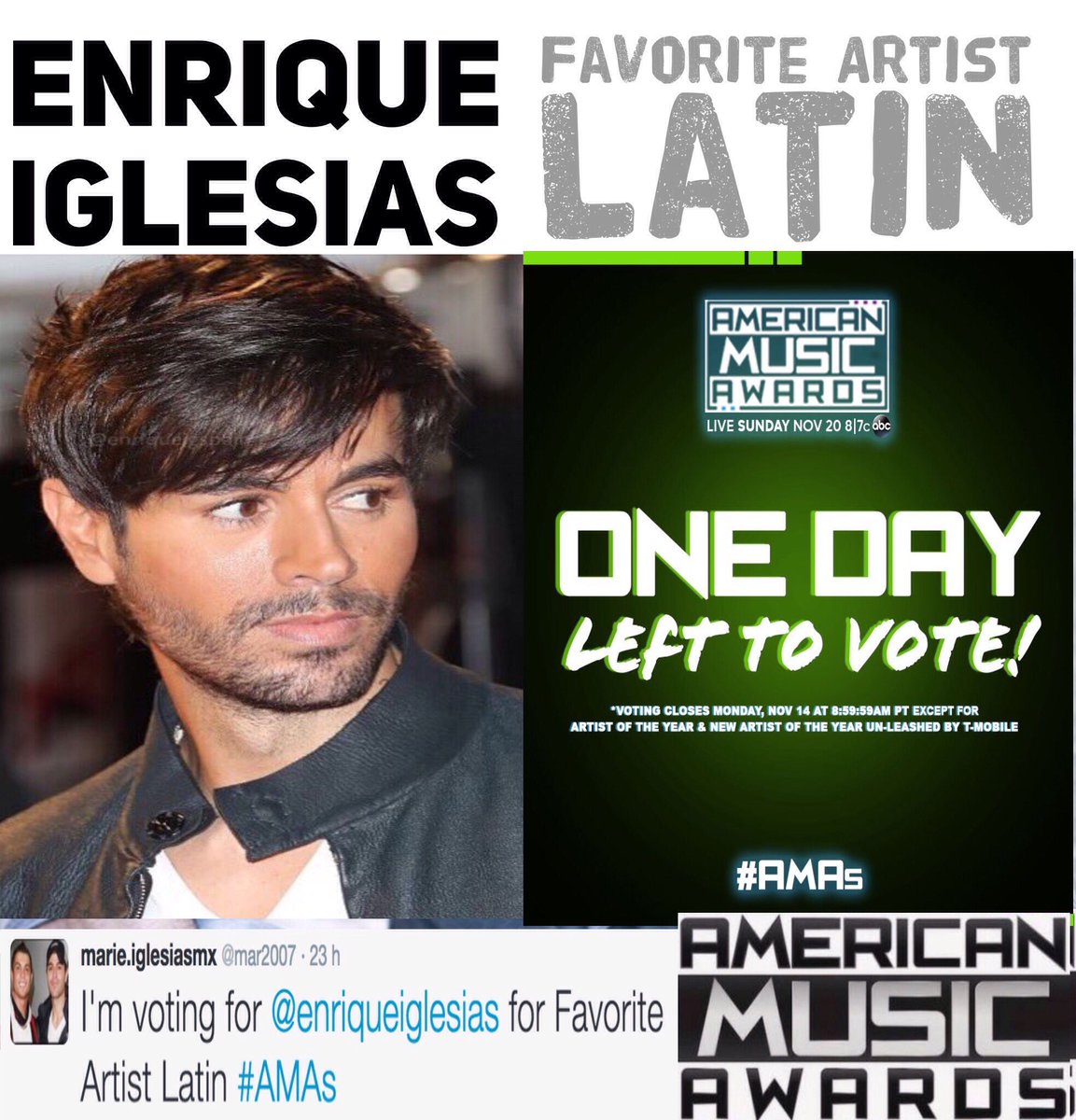 mar2007's tweet photo. I'm voting for @enriqueiglesias for Favorite Artist Latin #AMAs .
.
#VoteEnriqueAMA 
😃😃❤️❤️
.
Voting ends Monday 14th 8:59:59 am PT https://t.co/hwKkeSmXqB