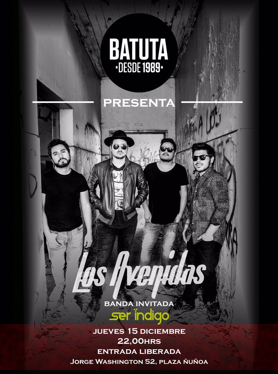 losavenidas's tweet photo. Amig@s! Los invitamos a nuestra última fecha del año. Daremos el cierre a nuestro disco "Horas" Los esperamos en @LA_BATUTA el 15/12/016 https://t.co/xgXqmZ8ZDp