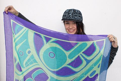 NativeNNW's tweet photo. Tsimshian artist Morgan Asoyuf with scarf and cap that she designed. https://t.co/d5kUtSlpIU