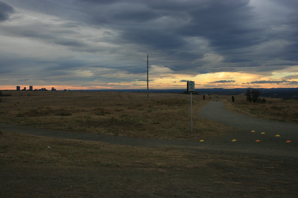 Nose Hill parkrun yesterday at time of set up - skyline of the city of Calgary on the left and the rocky mountains on the right...