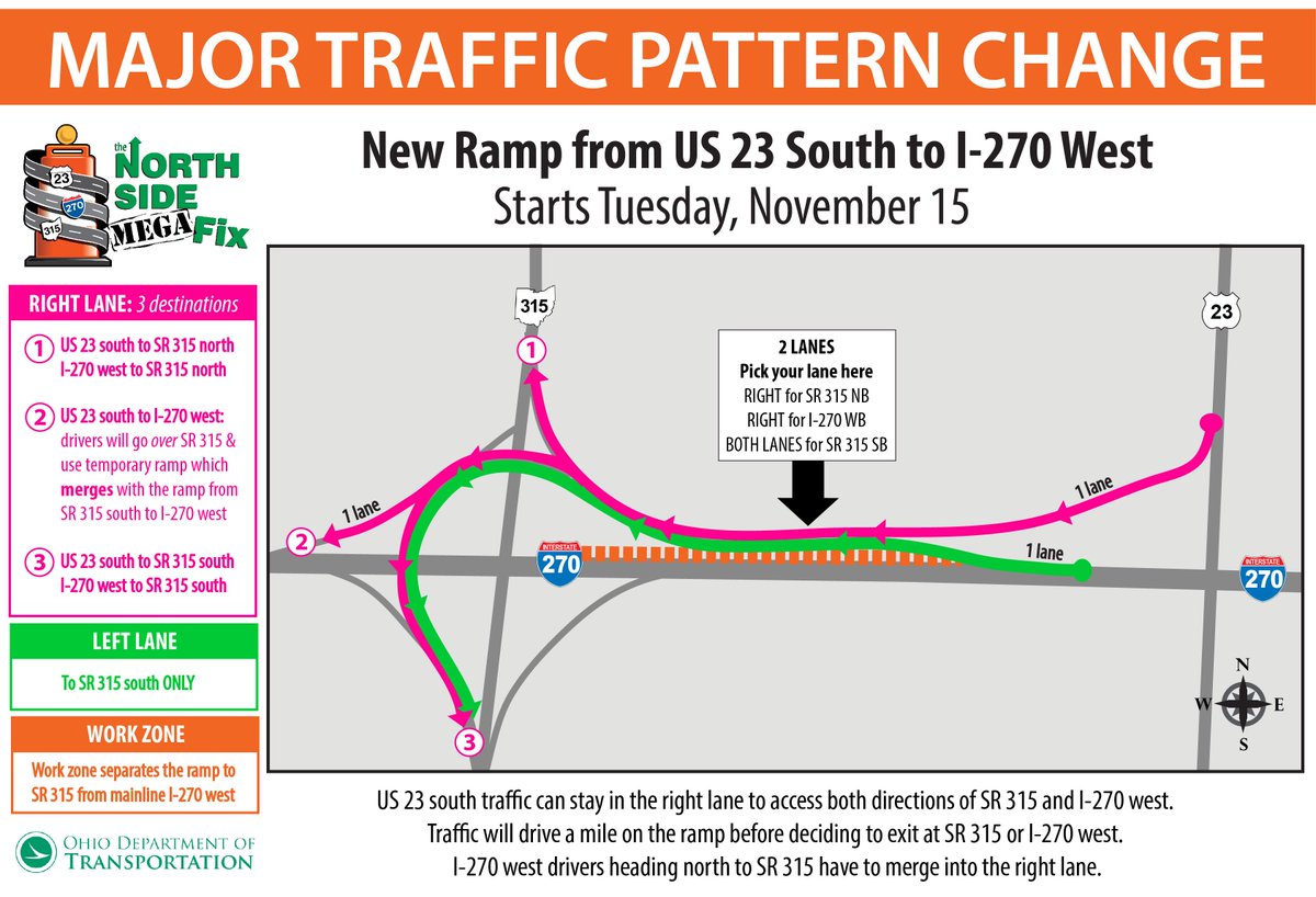 ODOT_Columbus's tweet photo. TUESDAY AM: New ramp for US 23 south to SR 315 &amp; I-270 west. Be ready, stay alert &amp; follow the signs. #NorthSideMegaFix https://t.co/ub4kDxF7ye