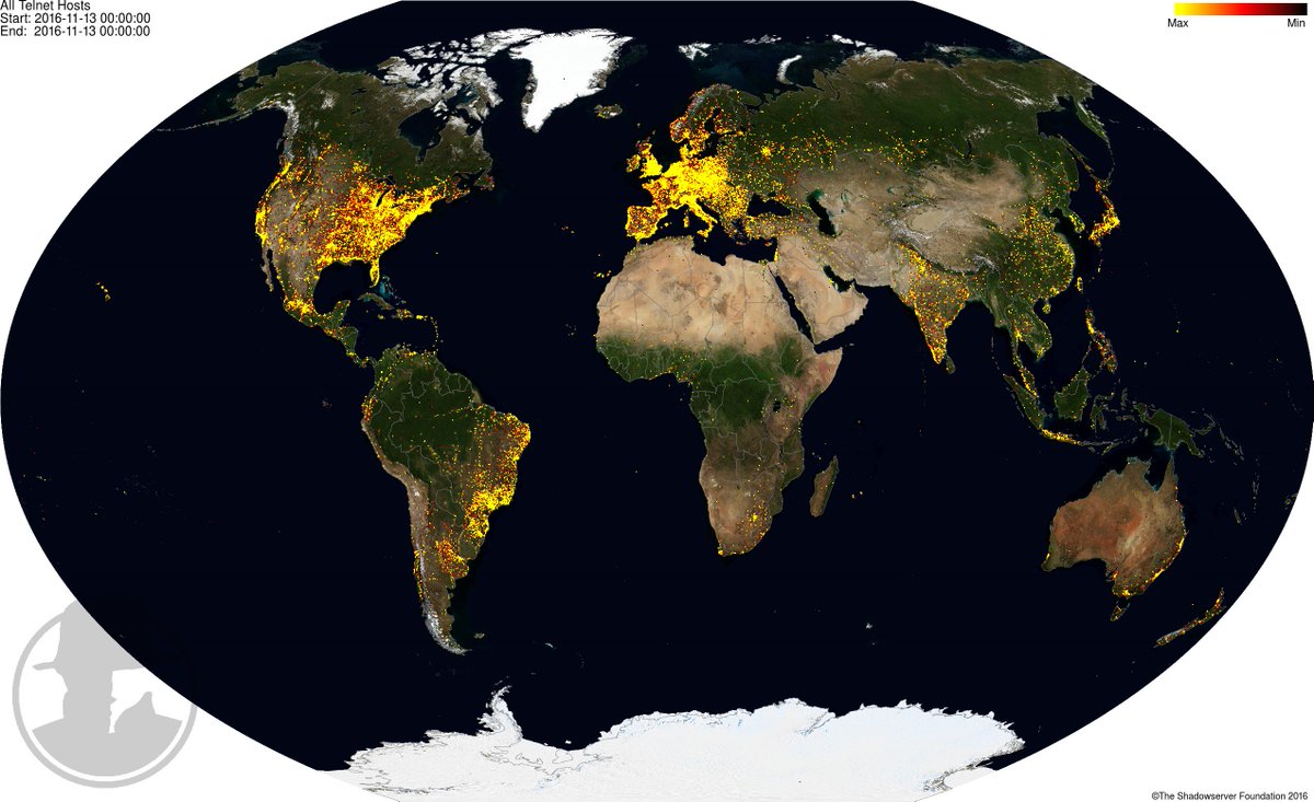 hexlax's tweet image. Geomap of all telnet servers by #shadowserver