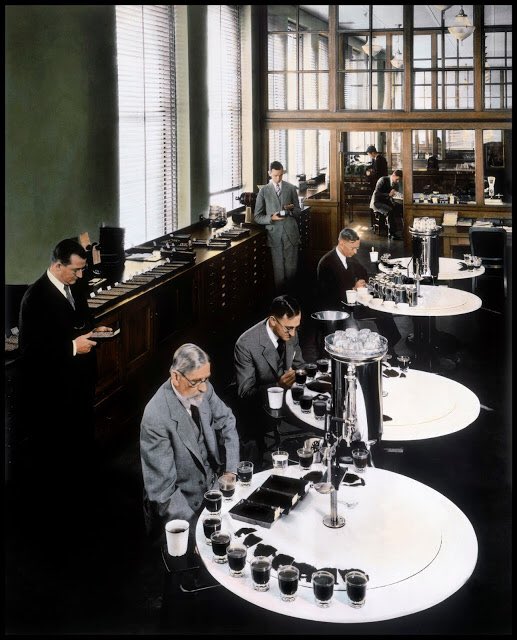 1930 Hills Brothers at the table cup tasting. "The aroma of coffee roasting from Hills Brothers dominated the San Francisco waterfront."