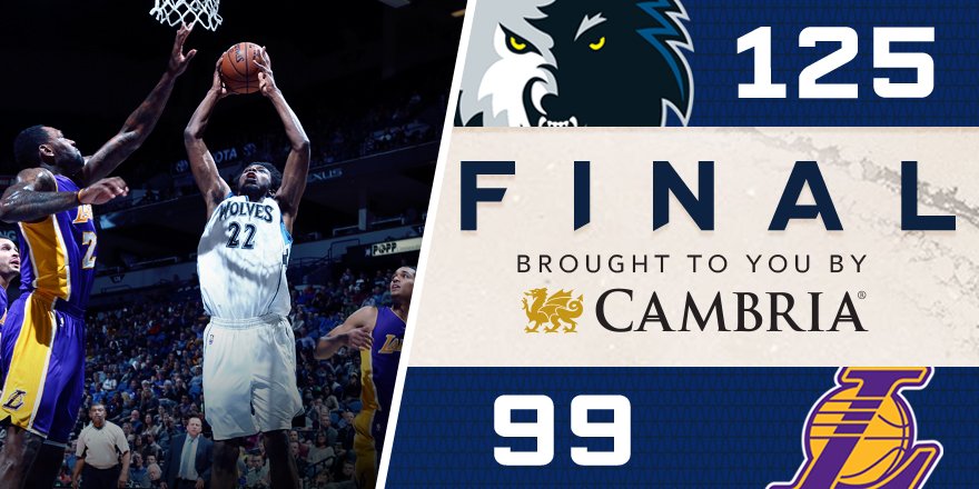 Timberwolves's tweet photo. Wolves get the win over the Lakers!  #PowerOfThePack https://t.co/0sbYY454Au