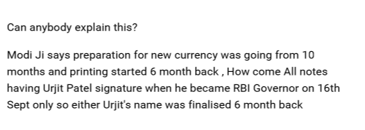 NIFTYANDCRUDE's tweet photo. Can anybody explain this?Modi Ji says preparation for new currency was going from 10 months and printing started 6.. https://t.co/VZP9U1Efhr