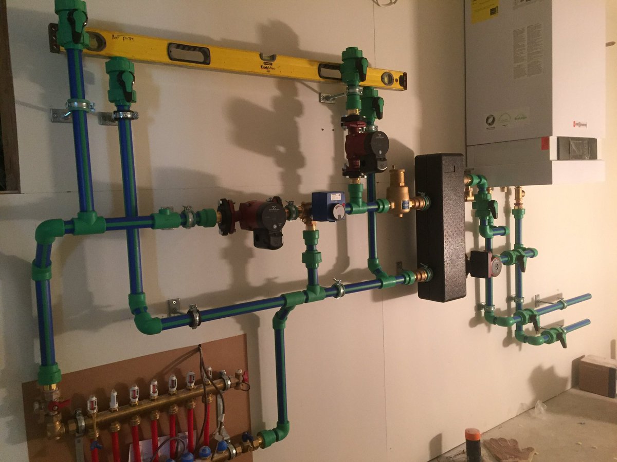 grangerplumbing's tweet photo. Progress on the latest boiler install. 2 temp system with #tekmar mixing valve and controls with #Viessmann vitodens 200 boiler. https://t.co/W1yt7zt8NN