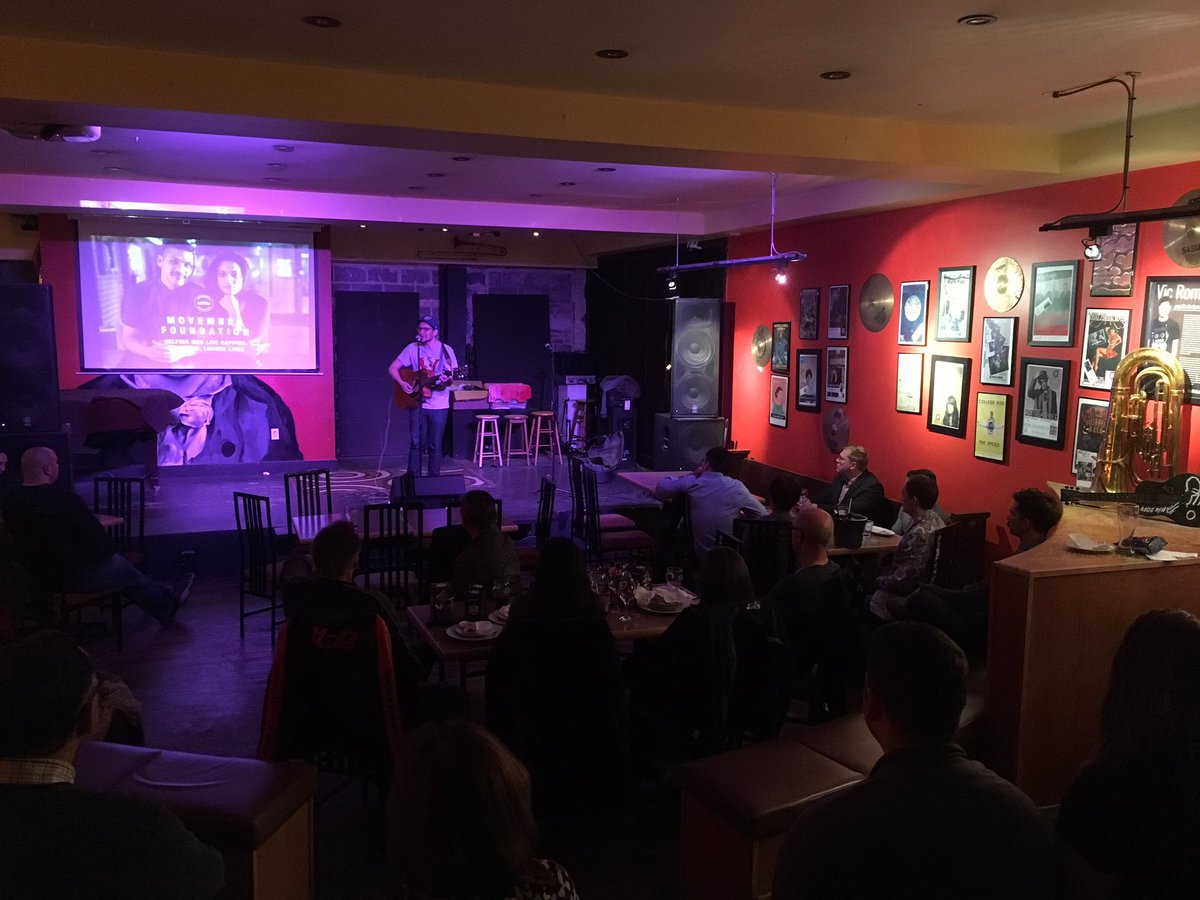 mcfarljo's tweet photo. Excellent @MovemberRegina event at @ArtfulDodgeCafe w/ cancer survivors, mental health advocates, bannock dogs and @nickfaye! 👨🏻💡🎤🌭#WhyWeMo https://t.co/cpgj8mAHHh
