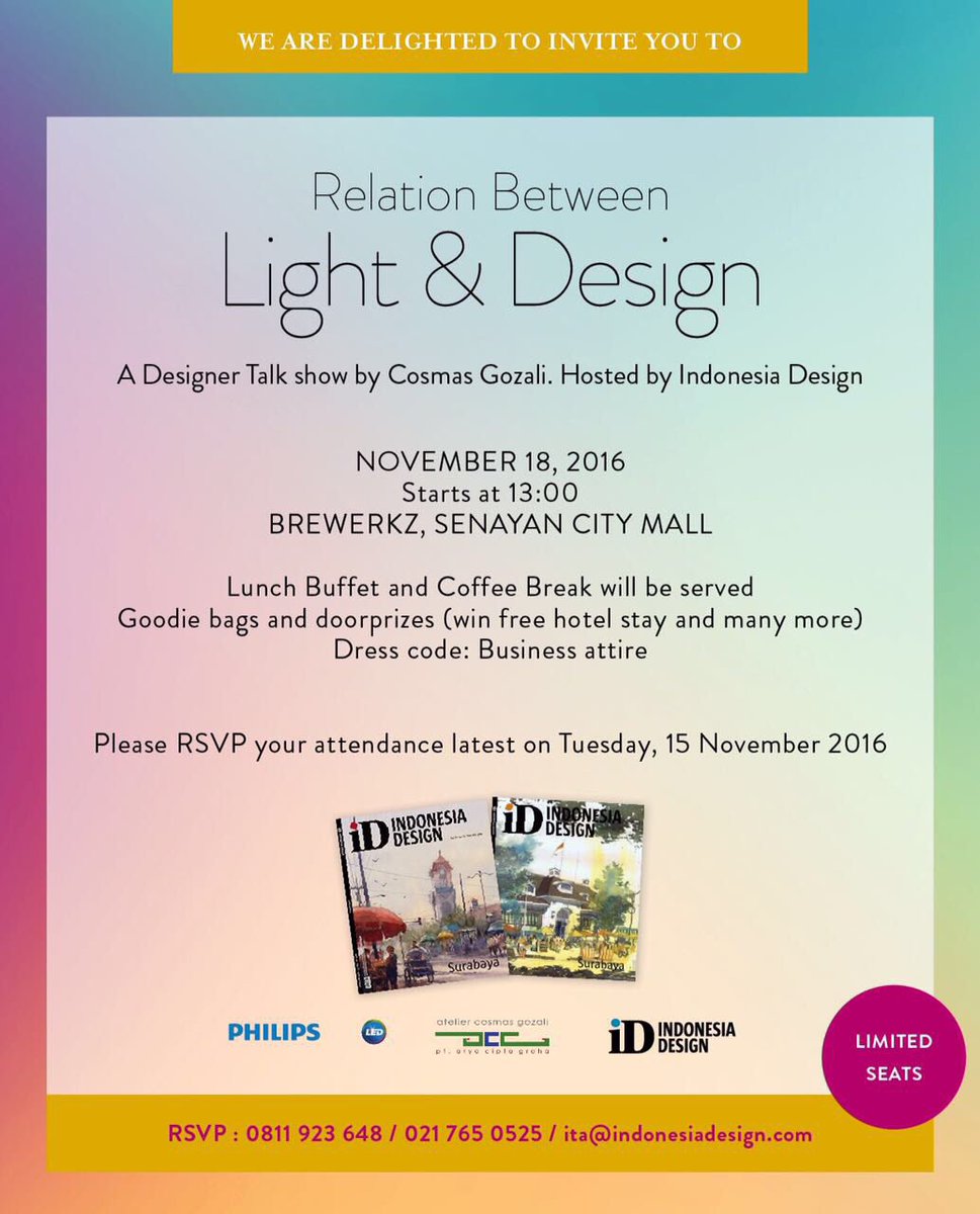 indonesiadesign's tweet photo. Attention #design enthusiasts! We are hosting the following #event this Friday with @CosmasGozali. RSVP now! #jakarta #indonesiadesign https://t.co/qRK70m7mDH
