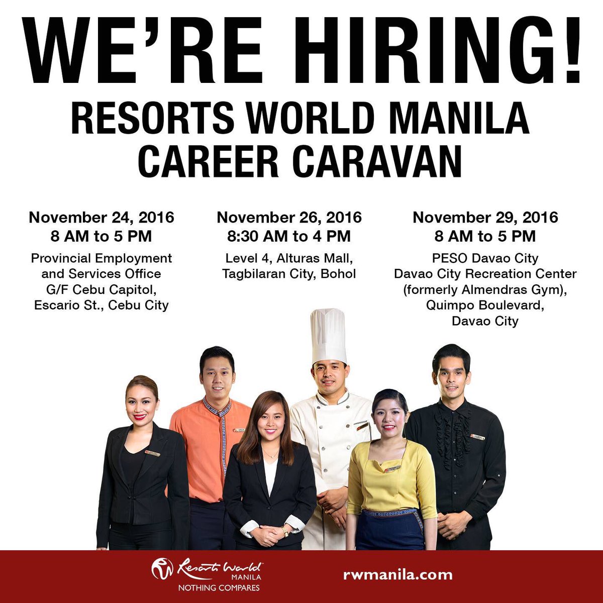 Watch out for the Resorts World Manila Career Caravan in these cities. For  inquiries, please text 09176202118. See you! #RWManilaCareers, image size:1200x1200