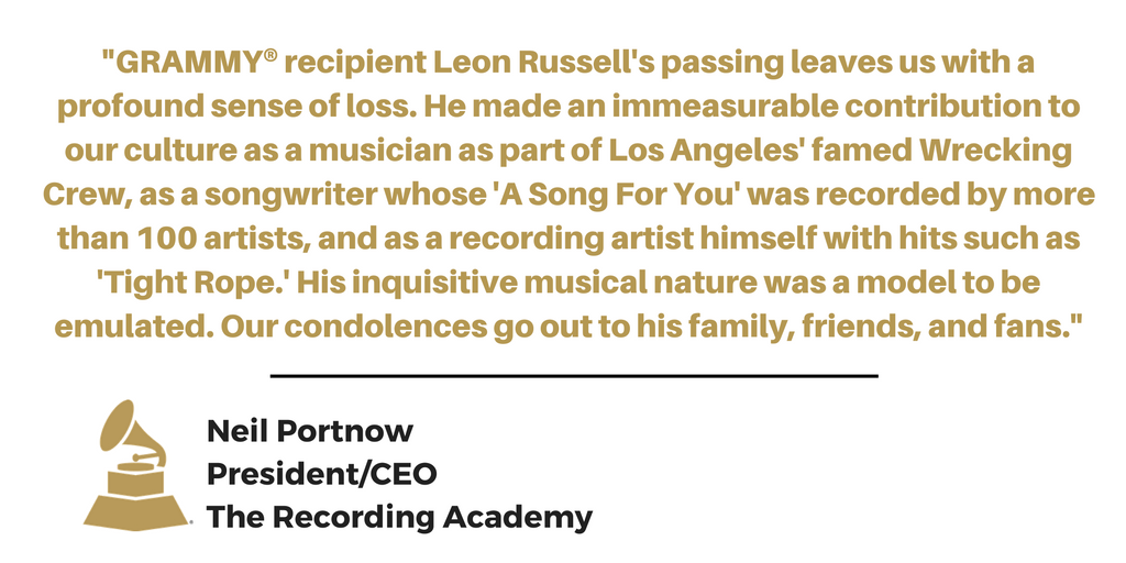 RecordingAcad's tweet photo. Our thoughts are with the friends, family, and fans of GRAMMY-winning musician and songwriter Leon Russell. https://t.co/bm6Jh816SP
