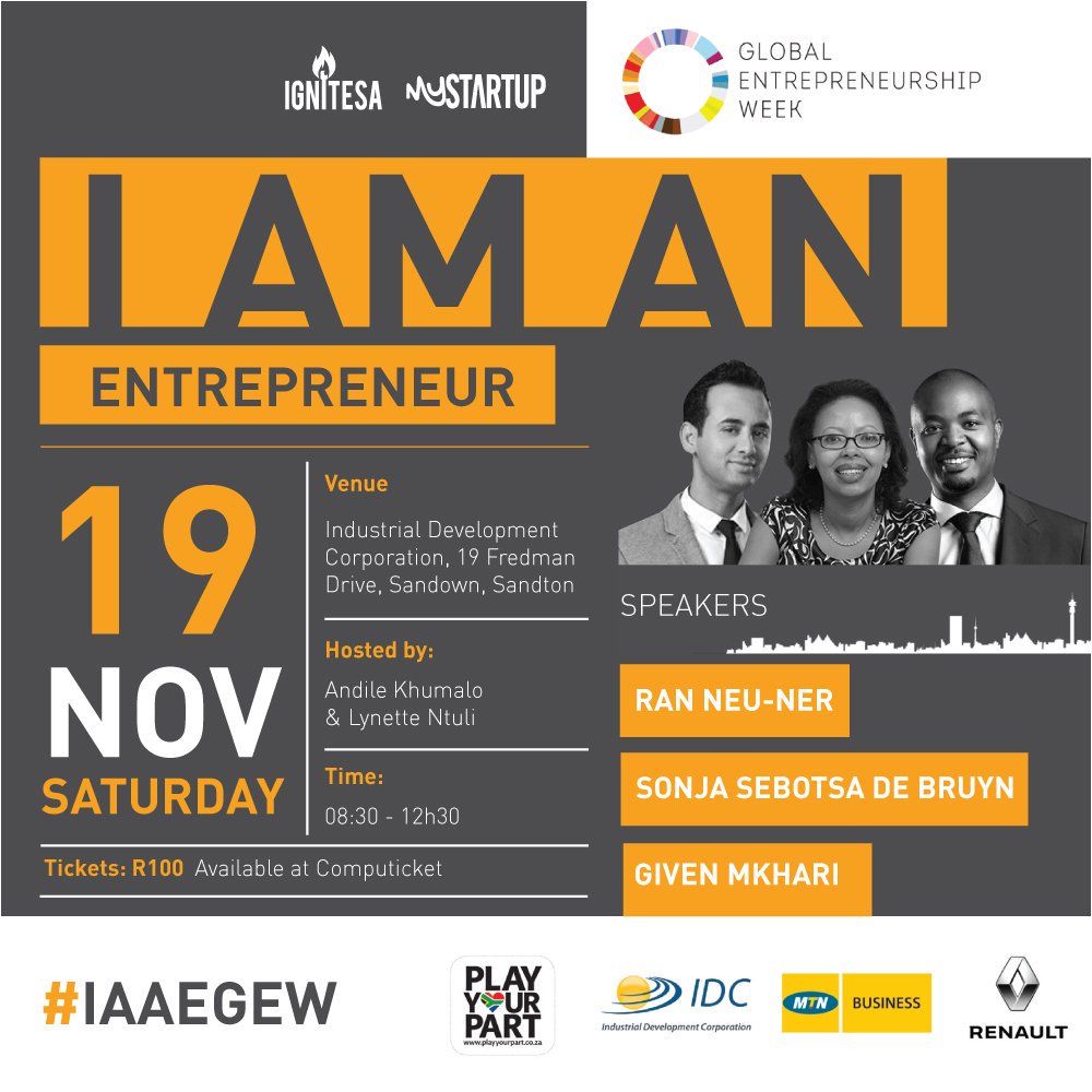 PlotTwistZA's tweet photo. Spend your morning w/ real entrepreneurs who've started, built businesses worth billions. Tickets R100 each #IAAEGEW https://t.co/3PbCx5D6ZR
