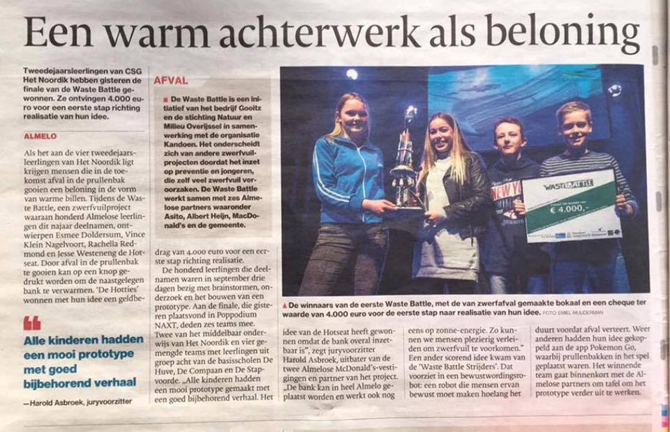 We zijn winnaar van de Waste Battle en hebben hiermee een cheque van € 4.000,- gewonnen voor het beste idee om zwerfvuil tegen te gaan.