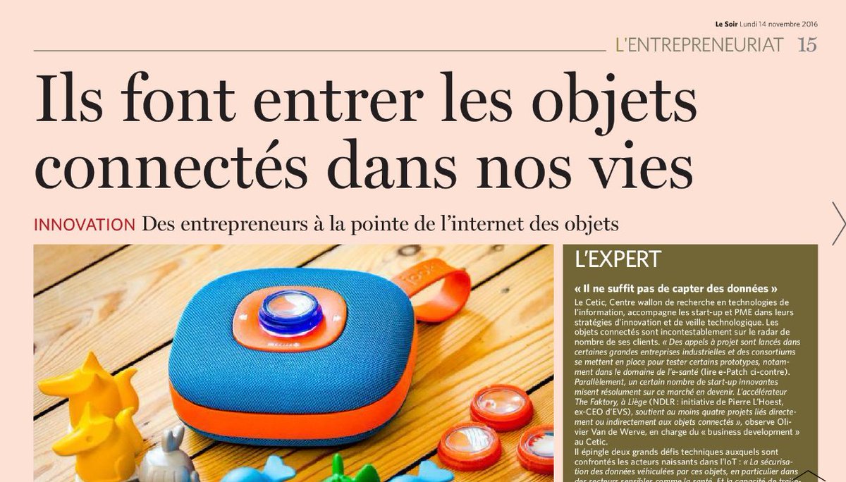 oliviei's tweet photo. #entrepreneurs #IOT et objects connectés en #Wallonie et #Bruxelles dans @lesoir @CETIC @thingsplaysa @Snugr_official @muuselabs https://t.co/ojvjxeLSeY