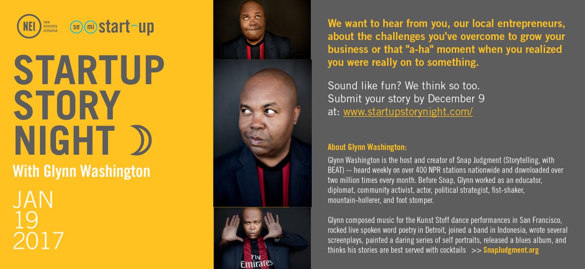 NEIdetroit's tweet photo. Now accepting submissions for our first-ever #Startup Story Night w/ @snapjudgment's @glynnwashington. Learn more: https://t.co/ZWn9osAIVj https://t.co/PJ7EBQaSD2