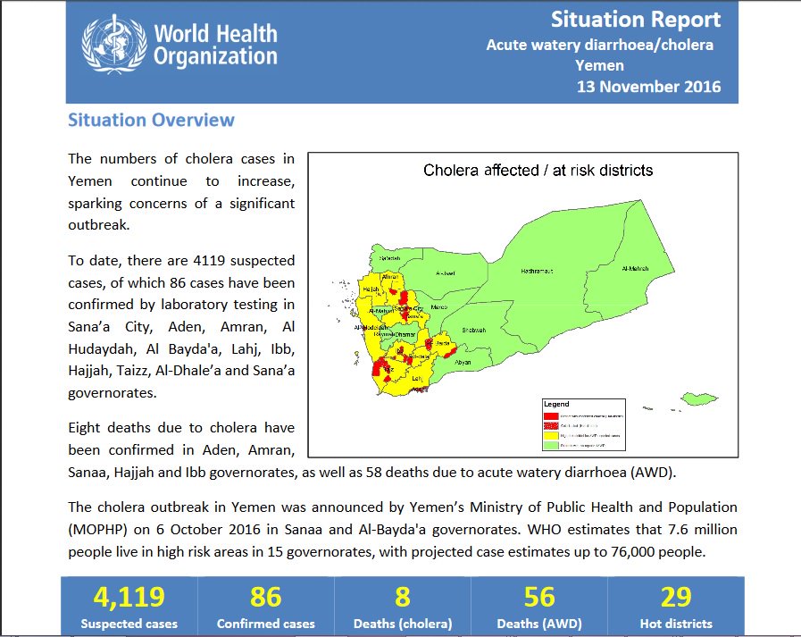 The increased numbers of cholera cases in #Yemen spark concerns of a significant outbreak. Read WHO situation report goo.gl/4RVSYi